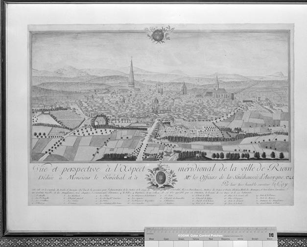 Vue et perspective à l'aspect méridional de Riom, par Cosmant, d'après un dessin de Legay, porte la date manuscrite 1745 mais il semblerait que la vue soit plus récente (après 1756)