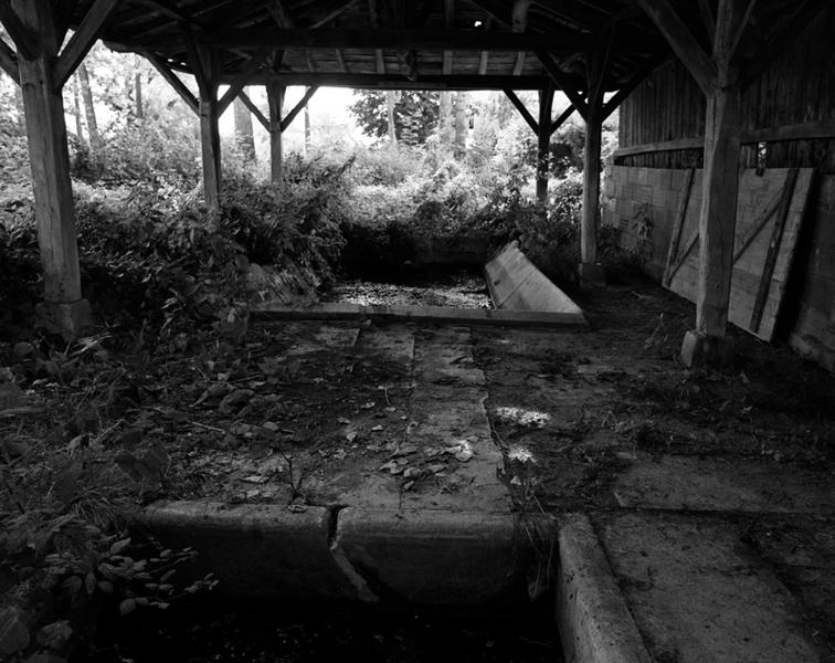 Vue intérieure : le rebord du premier bassin du lavoir et le sol dallé, avant travaux de réfection.
