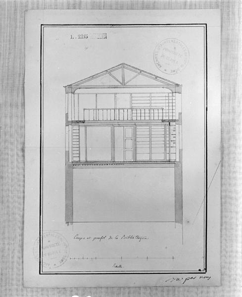 Edifice disparu (vers 1858-1864) : coupe et profil de la bibliothèque, par C.F.M. Attiret, 28 floréal an II (17 mai 1794)