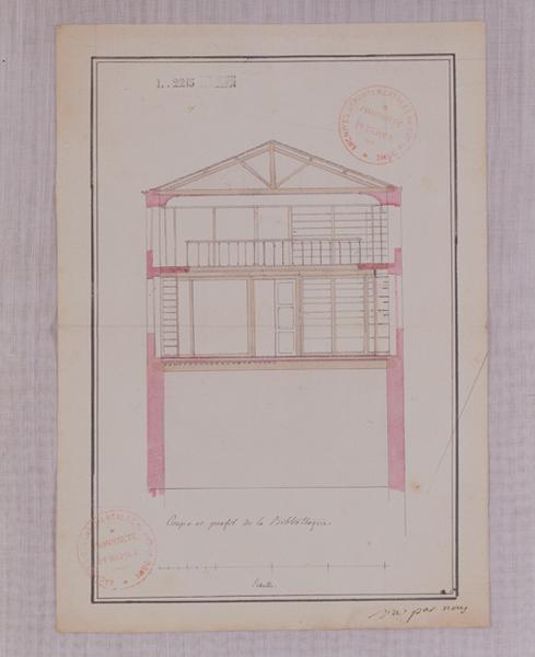 Coupe et profil de la bibliothèque, papier, 28 x 20 cm., encre noire et lavis rose et marron, par C.F.M. Attiret, 28 floréal an II (17 mai 1794)