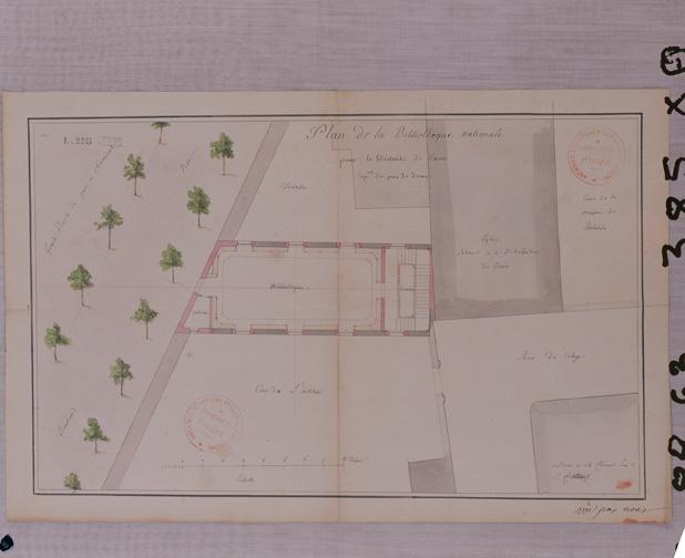 Plan de la bibliothèque nationale pour le district de Riom, département du Puy-de-Dôme, papier, 28 x 43 cm., encre noire et lavis, par C.F.M. Attiret, 28 floréal an II (17 mai 1794)