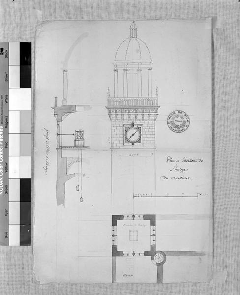 Plan et élévation de l'horloge du Marthuret, profil de la tour de l'horloge (avec retombe : l'horloge remplace une baie géminée), par Attiret, 16/8/1794.