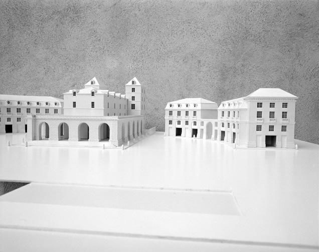 Restit. du projet : maquette, vue partie nord-est de l'hémicycle et la halle.