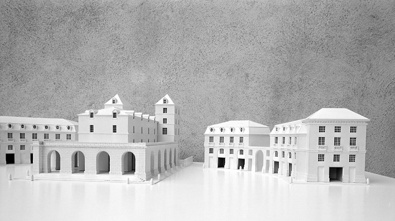 Restitution du projet : maquette, vue partie nord-est de l'hémicycle et la halle.