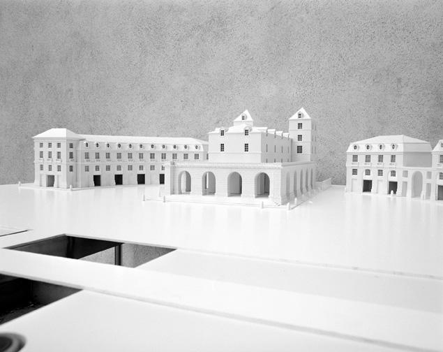 Restit. du projet : maquette, vue partie nord-ouest de l'hémicycle et la halle.