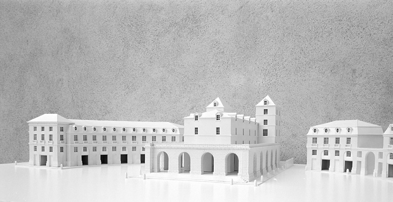 Restitution du projet : maquette, vue partie nord-ouest de l'hémicycle et la halle.