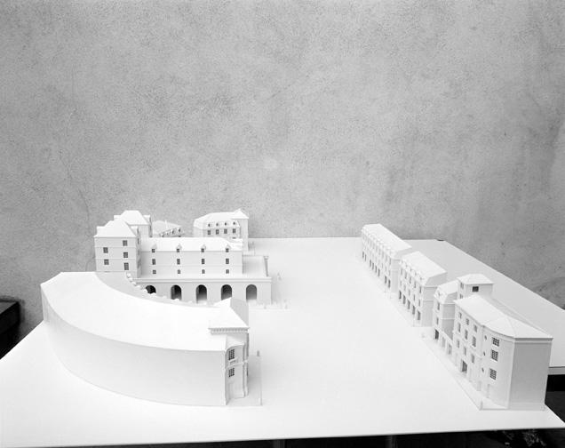 Restit. du projet : maquette, vue plongeante générale, de l'ouest.