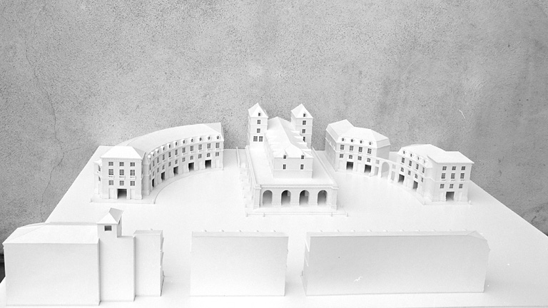 Restitution du projet : maquette, vue d'ensemble de l'hémicycle et de la halle, du sud.