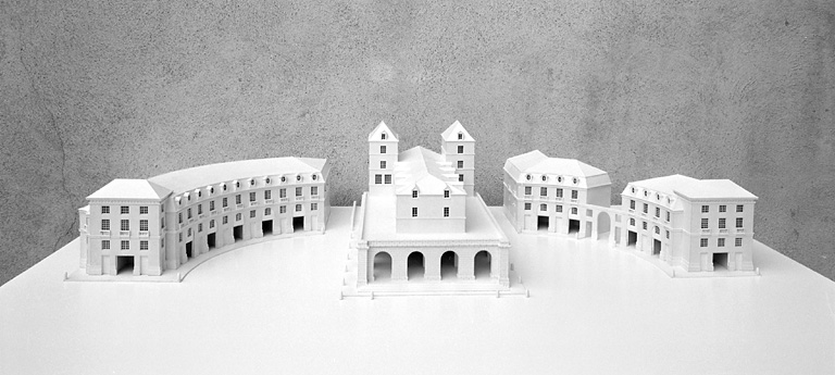 Restitution du projet : maquette, vue d'ensemble de l'hémicycle et de la halle, du sud.