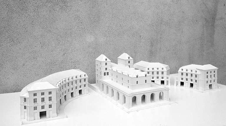 Restitution du projet : maquette, vue plongeante partie nord de l'hémicycle et la halle.