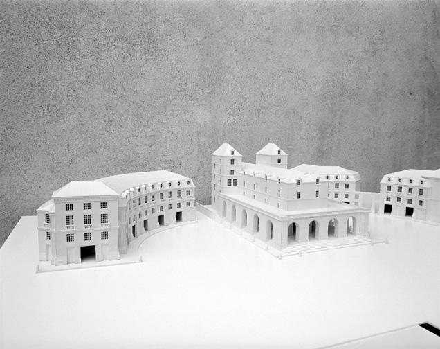 Restit. du projet : maquette, vue plongeante partie nord-ouest de l'hémicycle et la halle.