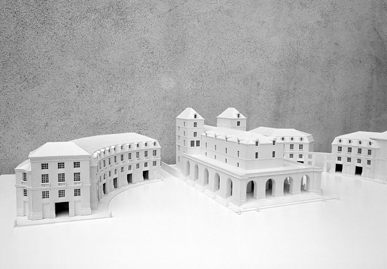 Restitution du projet : maquette, vue plongeante partie nord-ouest de l'hémicycle et la halle.