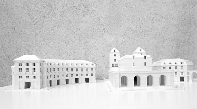 Restitution du projet : maquette, vue de face partie nord-ouest de l'hémicycle et la halle.