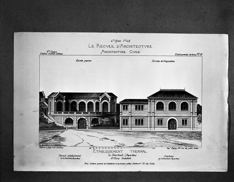 Etablissement thermal à La Bourboule (Puy-de-Dôme). Grande piscine, services de l'aspiration [élévations].
