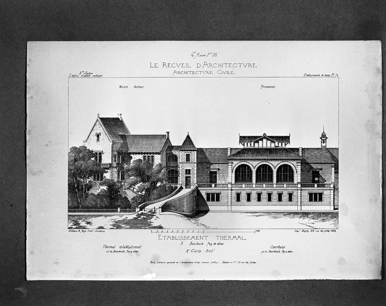 Etablissement thermal à La Bourboule (Puy-de-Dôme). Maison du docteur, promenoir [élévations].