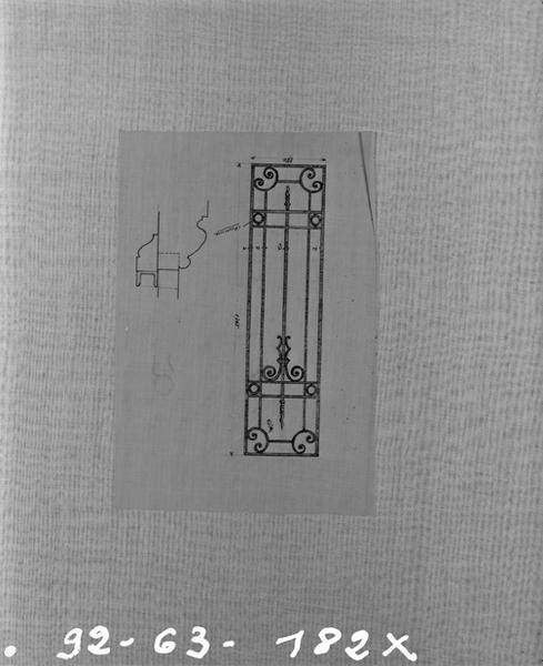Banque de France. Succursale de Riom. Projet de ferronnerie. Calque, encre noire, par Louis Jarrier, 1923-1924.