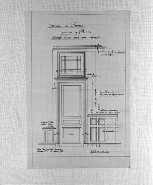 Banque de France. Succursale de Riom. Détails d'une porte avec imposte. Calque, encres noire et rouge, par Louis Jarrier, 1er mars 1924.