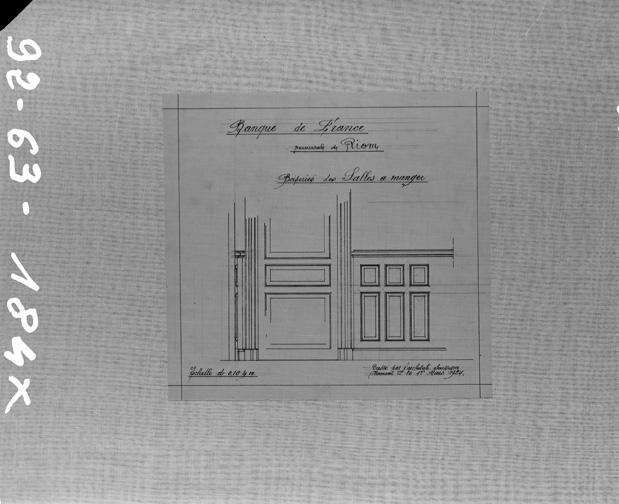 Banque de France. Succursale de Riom. Boiseries des salles à manger. Calque, encre noire, par Louis Jarrier, 1er mars 1924.