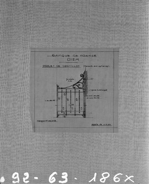 Banque de France. Riom. Projet de portillon (descente aux vestiaires). Calque, crayon noir, par Louis Jarrier, 26 juillet 1923.