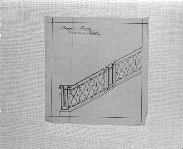 Banque de France. Succursale de Riom. Détail d'une rampe d'escalier. Calque, encre noire, par Louis Jarrier, 1923.