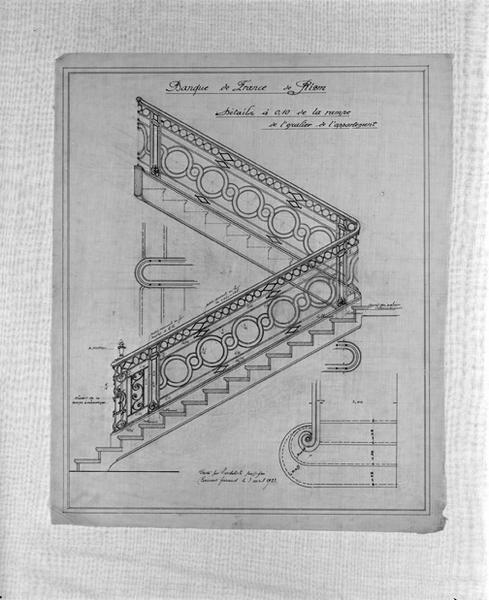 Banque de France de Riom. Détails à 0,10 de la rampe de l'escalier de l'appartement. Calque, encre noire, par Louis Jarrier, 3 avril 1923.