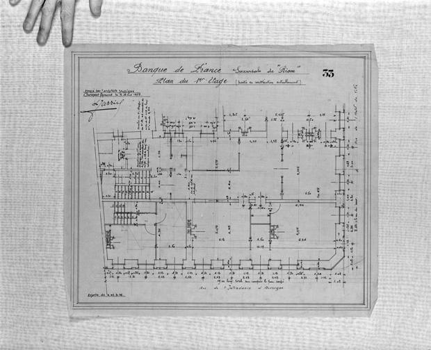 Banque de France. Succursale de Riom. Plan du 1er étage. Calque, encre noire, par Louis Jarrier, 3 août 1922.
