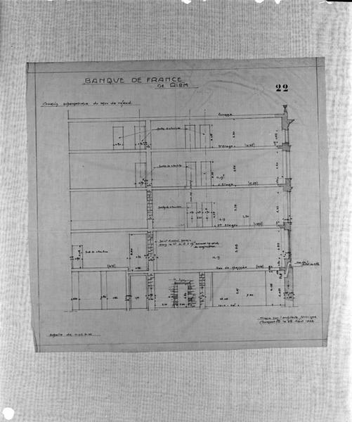 Banque de France de Riom. Croquis schématique du mur de refend. Calque, crayon noir, par Louis Jarrier, 25 août 1922.