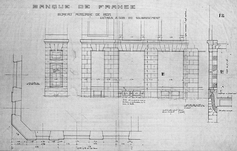 Banque de France. Bureau auxiliaire de Riom. Détails à 0,05 du soubassement (rue de l'Hôtel-de-Ville).