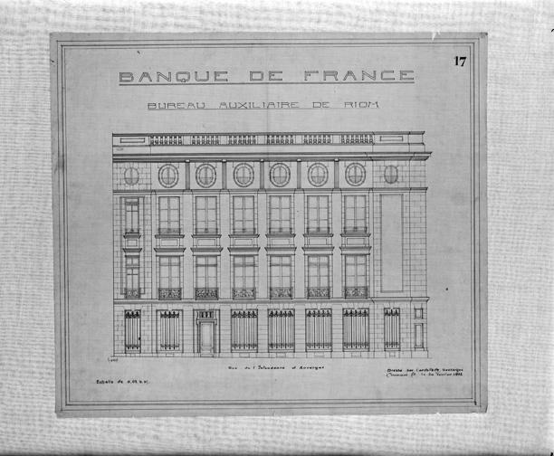 Banque de France. Bureau auxilière de Riom. Façade sur la rue de l'Intendance d'Auvergne. Calque, encre noire, crayon noir, par Louis Jarrier, 20 février 1922.