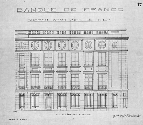 Banque de France. Bureau auxiliaire de Riom. Façade sur la rue de l'Intendance d'Auvergne.