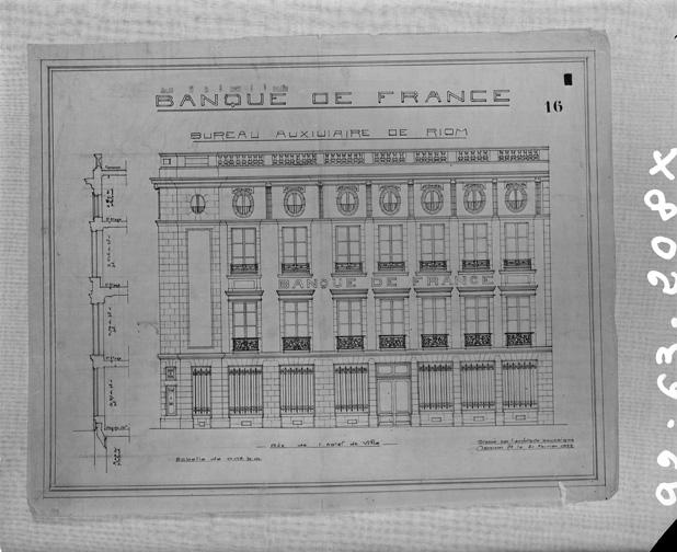Banque de France. Bureau auxiliaire de Riom. Façade sur la rue de l'Hôtel de Ville. Calque, encre noire, par Louis Jarrier, 21 février 1922.