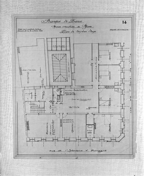 Banque de France. Bureau auxiliaire de Riom. Plan du 3ème étage. Calque, encre noire, par Louis Jarrier, 31 octobre 1922.