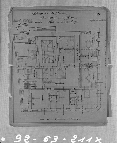 Banque de France. Bureau auxiliaire de Riom. Plna du 2ème étage. Calque, encre noire, par Louis Jarrier, 31 octobre 1922- 4 mai 1923.