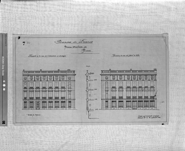Banque de France. Bureau auxiliaire de Riom. Façade sur la rue de l'Intendance. Façade sur la rue de l'Hôtel de ville. Calque, encre noire, par Louis Jarrier, 30 septembre 1921.