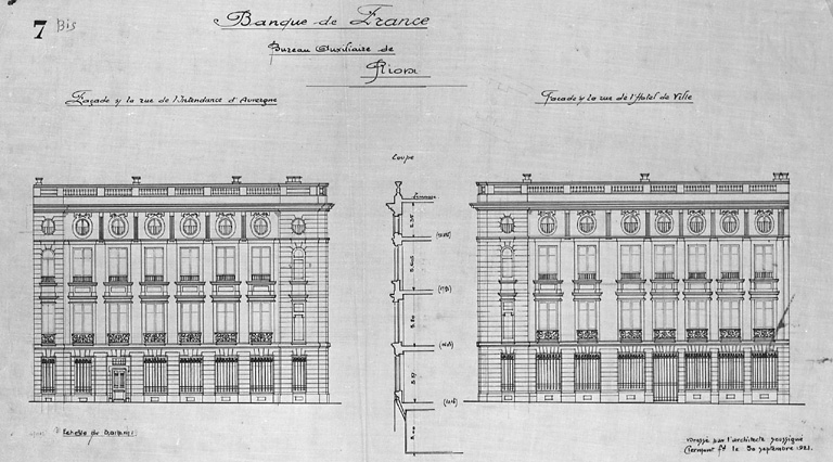 Banque de France. Bureau auxiliaire de Riom. Façade sur la rue de l'Intendance. Façade sur la rue de l'Hôtel de ville.