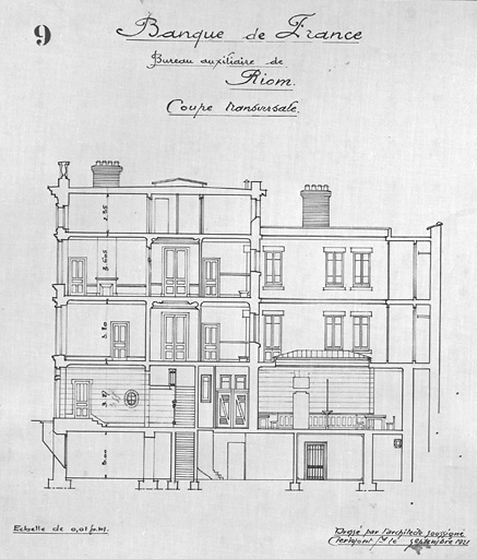 Banque de France. Bureau auxiliaire de Riom. Coupe transversale.
