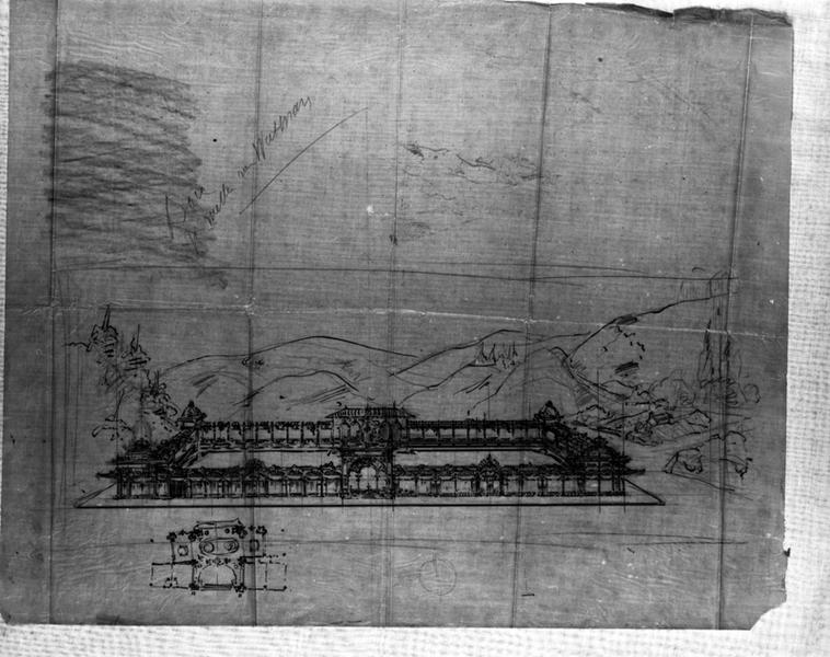 Projet d'aménagement de boutiques et d'abris, esquisse de perspective et détail de plan. [Projet non réalisé].