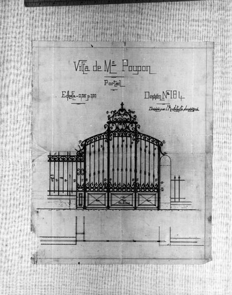 'Villa de Mr Poupon Portail Dessin no 184 Elévation, plan Calque, encres noire et rouge; par Louis Jarrier, 1909'
