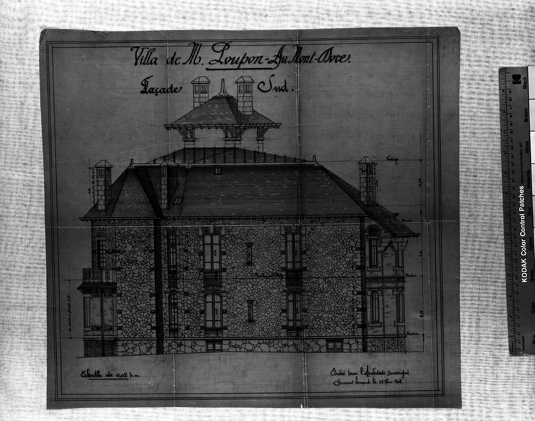 'Villa de M Poupon au Mont-Dore Façade sud Calque, encres noire et rouge; par Louis Jarrier, 22 septembre 1902'