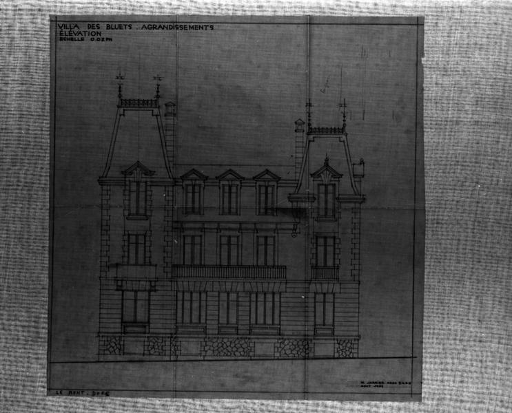 'Villa des Bleuets : agrandissements Elévation Calque, encre noire; par Marcel Jarrier, août 1939'