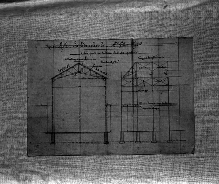 Music-Hall. La Bourboule. Mr Celme Prop[riétai]re. Charpente métallique salle des spectacles. Elévation d'une ferme. Coupe longitudinale.