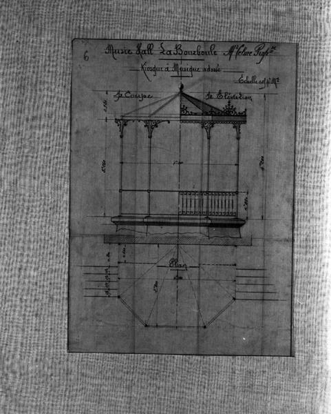 Music-Hall. La Bourboule. Mr Celme Prop[riétai]re. Kiosque à Musique adossé. 1/2 coupe. 1/2 élévation. Plan.