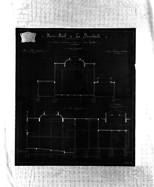 Music-Hall à La Bourboule. Projet de construction en béton armé système Hennebique. Coupe transversale. Coupe longitudinale. 2me solution coupe transversale.