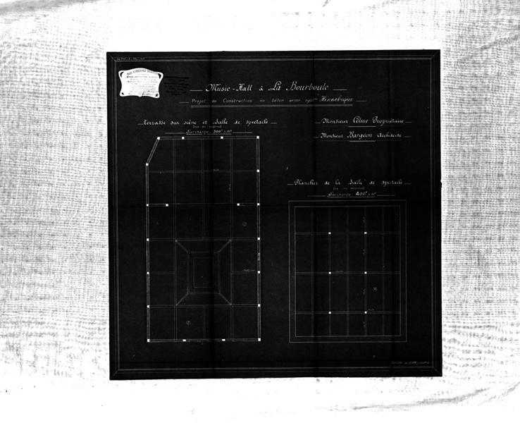 Music-Hall à La Bourboule. Projet de construction en béton armé système Hennebique. Terrasse sur scène et salle de spectacle. Plancher de la salle de spectacle.