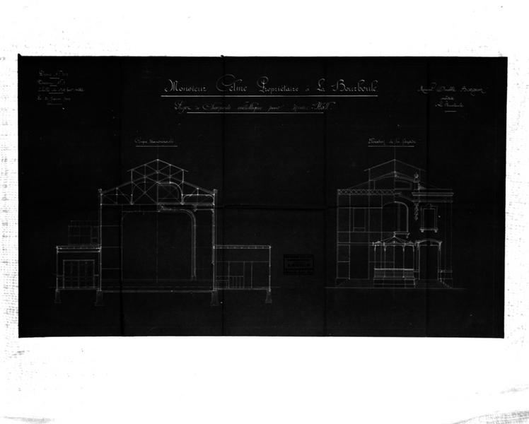 Monsieur Celme propriétaire à La Bourboule. Projet de charpente métallique pour Music-Hall. Coupe transversale. Elévation de la façade.