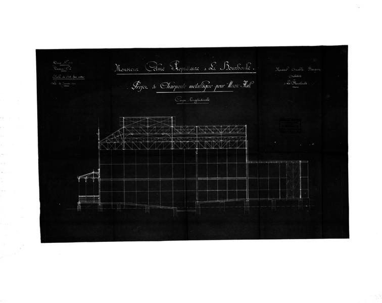 Monsieur Celme propriétaire à La Bourboule. Projet de charpente métallique pour Music-Hall. Coupe longitudinale.