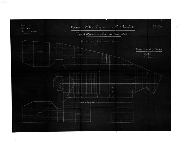 Monsieur Celme propriétaire à La Bourboule. Projet de charpente métallique pour Music-Hall. Plan d'ensemble de la couverture et des terrasses.