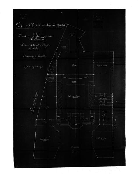 Projet de charpente métallique pour Music-Hall. Monsieur Celme propriétaire à La Bourboule. Implantation de l'ensemble.