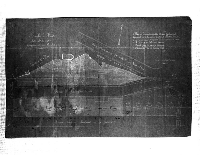 Bourboule-Haute. Section B du cadastre. Quartier dit des Moulins. Plan de divers immeubles situés à La Bourboule, dépendant de la succession de M. Michel Cohadon-Lacoste.