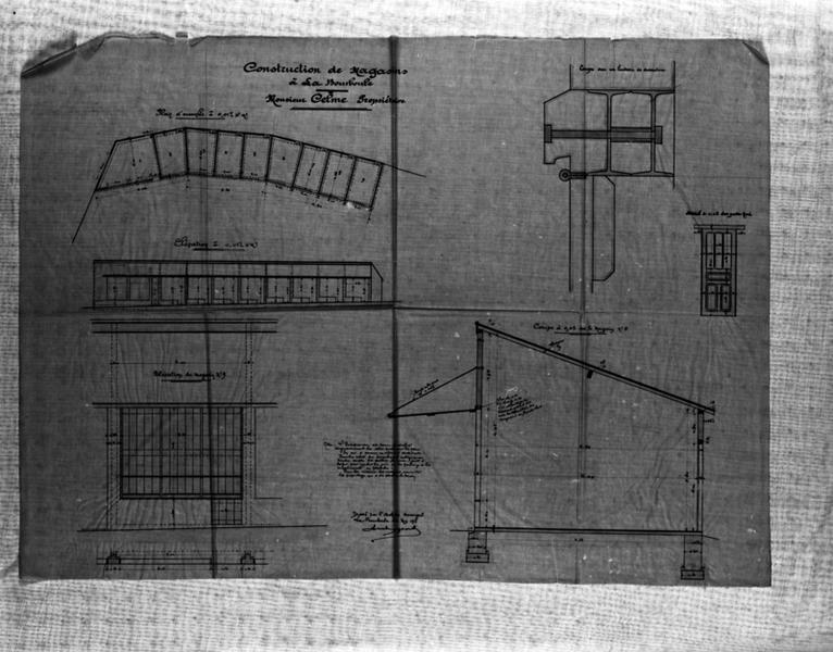 Construction de magasins à La Bourboule Monsieur Celme propriétaire Plan d'ensemble, élévation, élévation du magasin n°9, coupe sur un linteau de devanture, détail des portes nord, coupe sur le magasin n°9